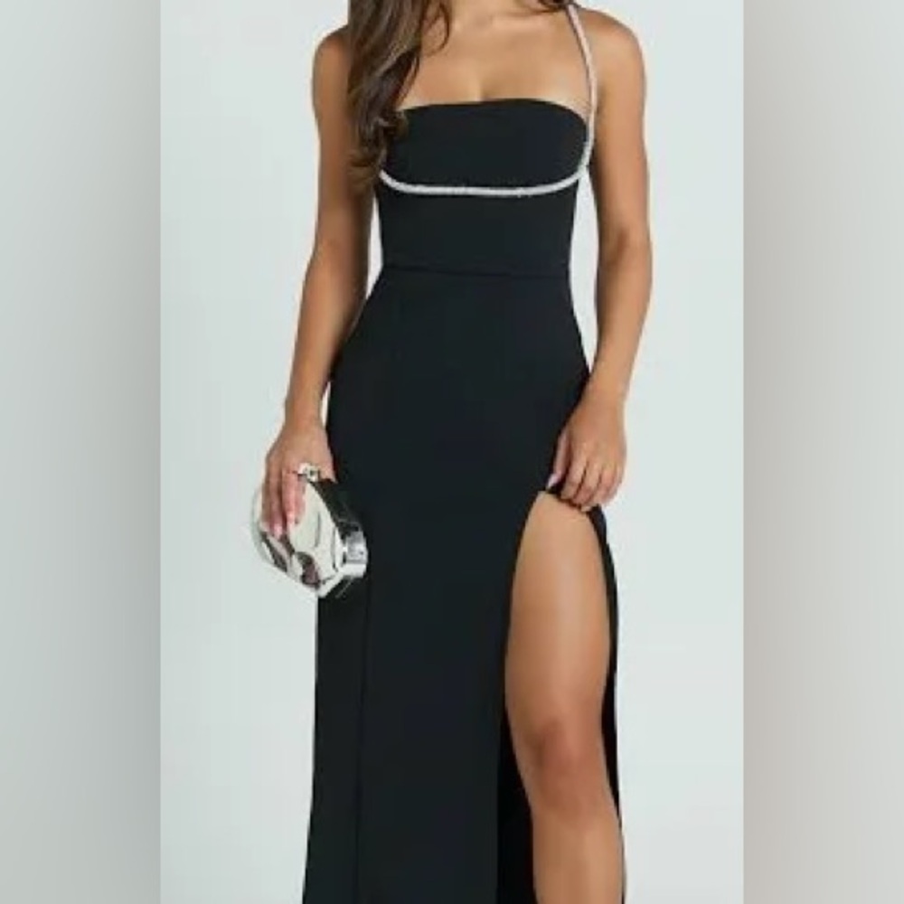 showpo cowl neck rhinestone strap black dress with high front slit